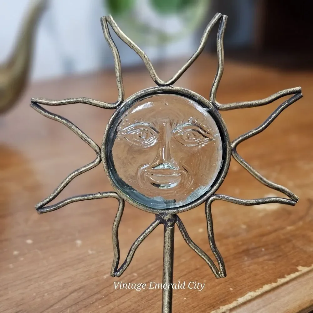 Vtg Sunburst Gold Metal Candle Holder Glass Sun Face 3d Mystical  Celestial Boho